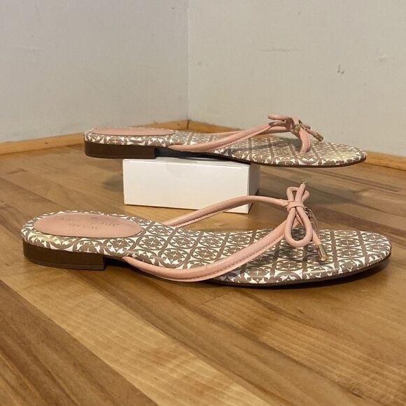 Kate Spade Taupe & Blush Pretty Bow Leather Slide On Flip Flop Sandals Size 9.5 - Picture 3 of 10